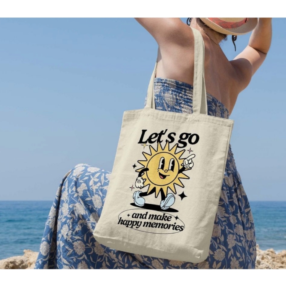 Happy Memories Canvas Tote Retro Graphic Summer Travel Sun Fun Medium Bag